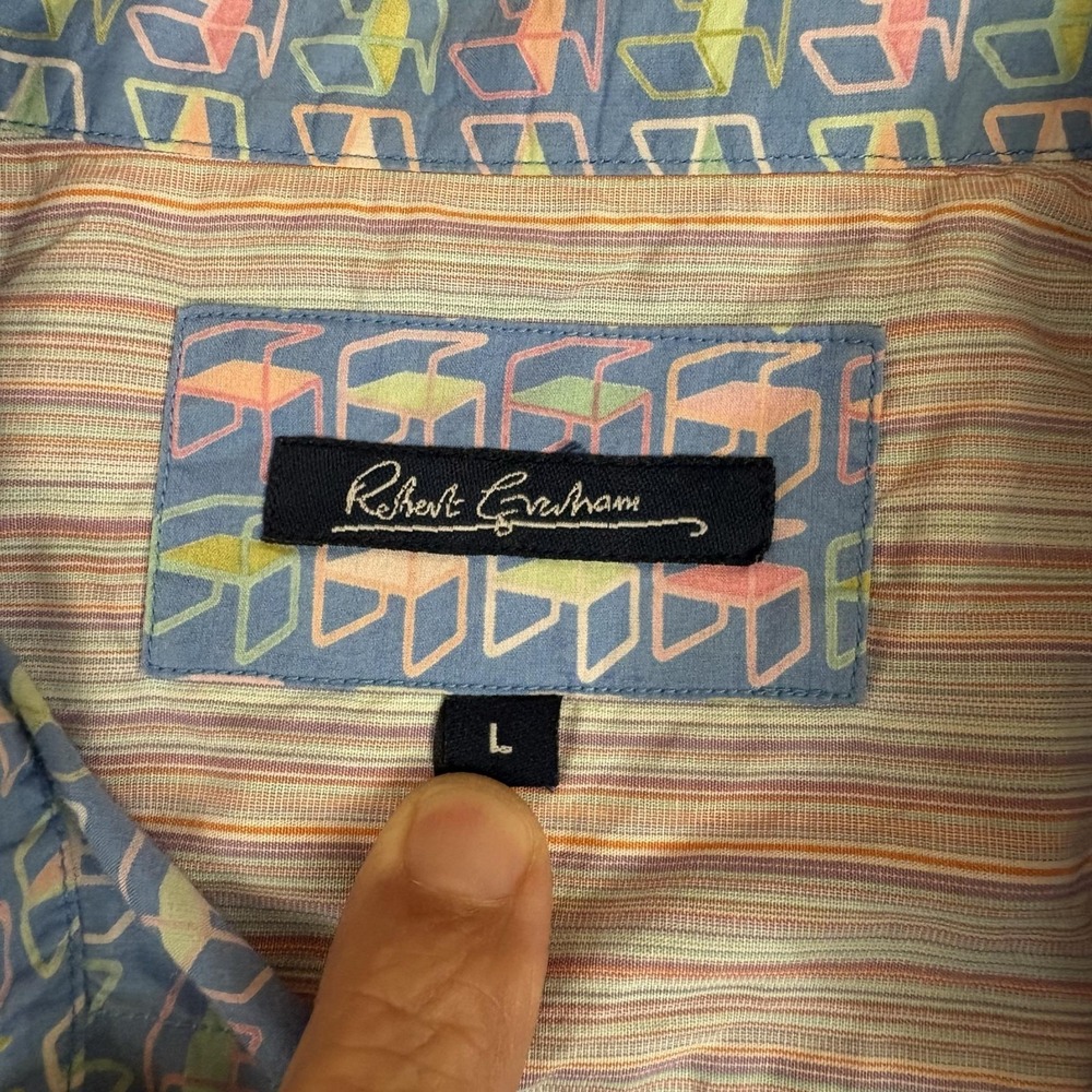 Robert Graham Geometric Shirt Mens L Blue Cotton Short Sleeve Button-Up Casual - Picture 3 of 9